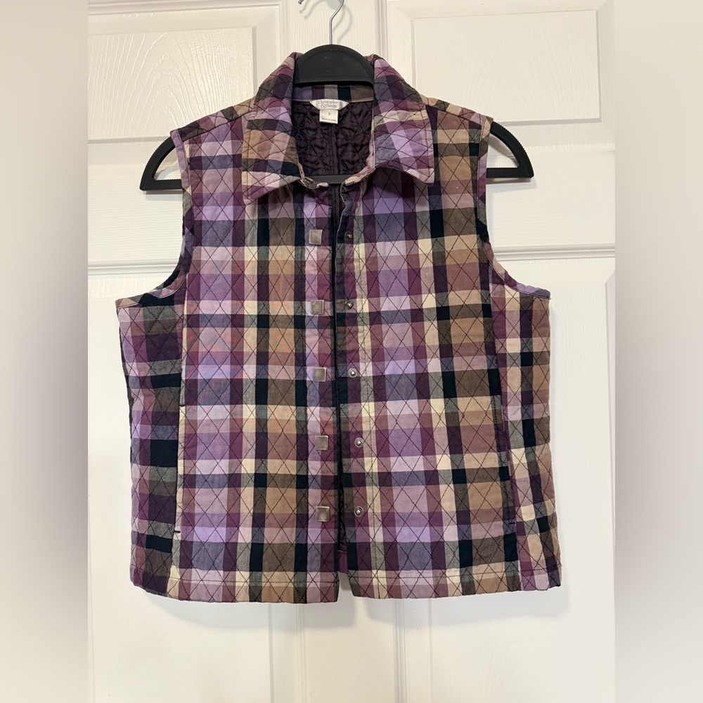 Christopher & Banks Purple Plaid Quilted Snap-Front Vest, Small. - Picture 3 of 10